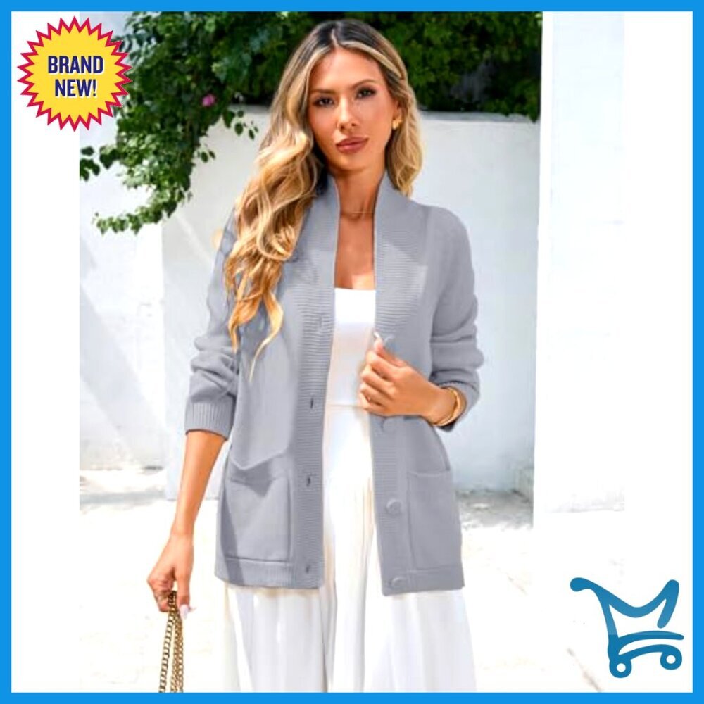 Chunky Knit Cardigan with Shawl Collar and Pockets, Long Sleeve Button Front - Picture 3 of 6